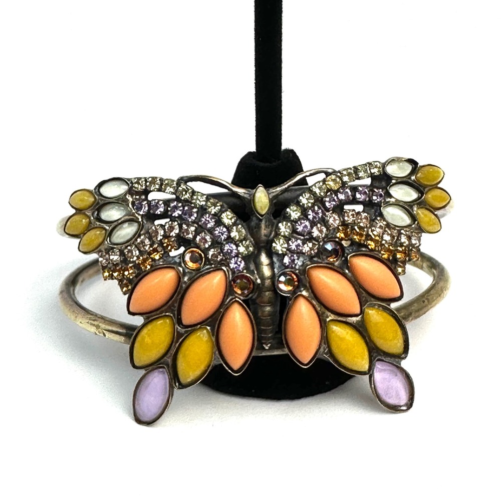 Rare Vintage Sorrelli Crystal Butterfly Cuff Bracelet Womens Brass Purple Orange